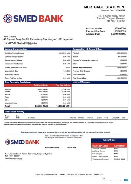Download Myanmar SME Development Bank mortgage statement Word and PDF template Photoshop template